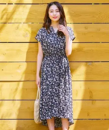 미사용 any FAM 네이비 꽃무늬 프린트 롱 원피스 3 L 사이즈