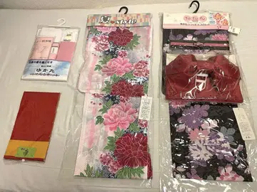 블랙과 보라색/레드와 핑크 꽃무늬 유카타, 오비, 잡화 세트
