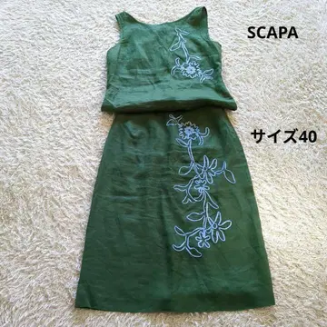 SCAPA 스카파 그린 스카이블루 꽃무늬 자수 슬리브리스 셋업 린넨 L