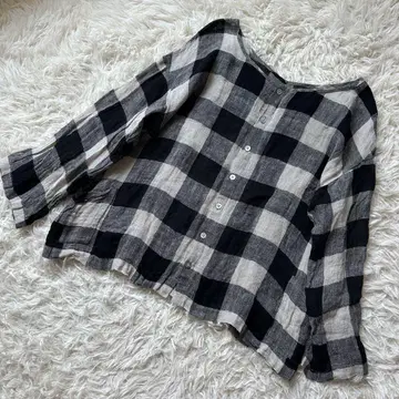 prit 린넨 100% 풀오버 셔츠 블라우스 체크 일본제