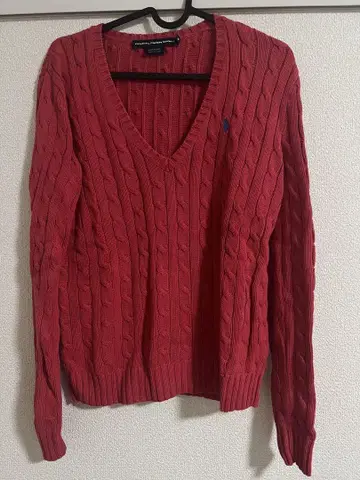 Ralph Lauren Sport 빨간색 케이블 짜임 V넥 스웨터