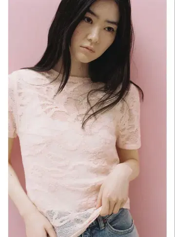 레이스 꽃무늬 반팔 상의 핑크