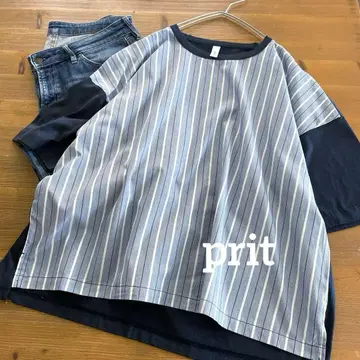 미사용 prit 프릿 스트라이프 절개 5부 소매 와이드 셔츠