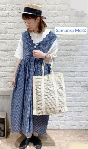 Samansa Mos2 면마 스캘럽 슬리브리스 원피스 블루 M