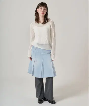 데님 플리츠 스커트 라이트 블루