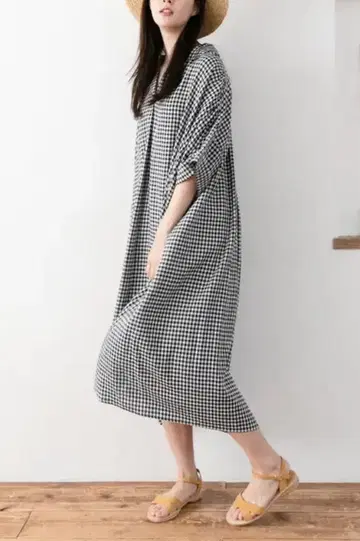 어스 뮤직 & 에코로지 깅엄 체크 셔츠 원피스 반팔
