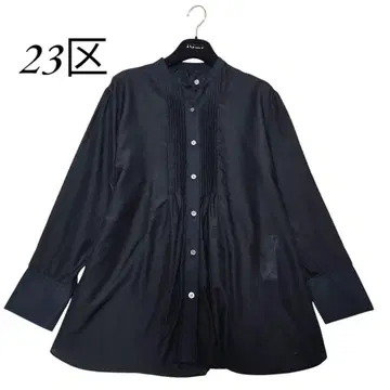 23구 실크 코튼 론 퍼프 슬리브 블라우스 밴드 칼라 빅사이즈 블랙