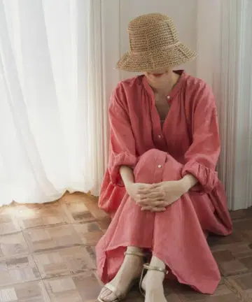 린넨 개더 원피스 PINK 린넨풍 핑크 긴팔 셔츠 원피스