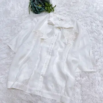 도쿄 블라우스] 꽃무늬 블라우스 반팔 리본 레트로 꽃무늬 자수 비침