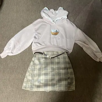 시마무라 고양이 귀 속기모 후드티 & 벨트 포함 체크 치마바지 세트 M