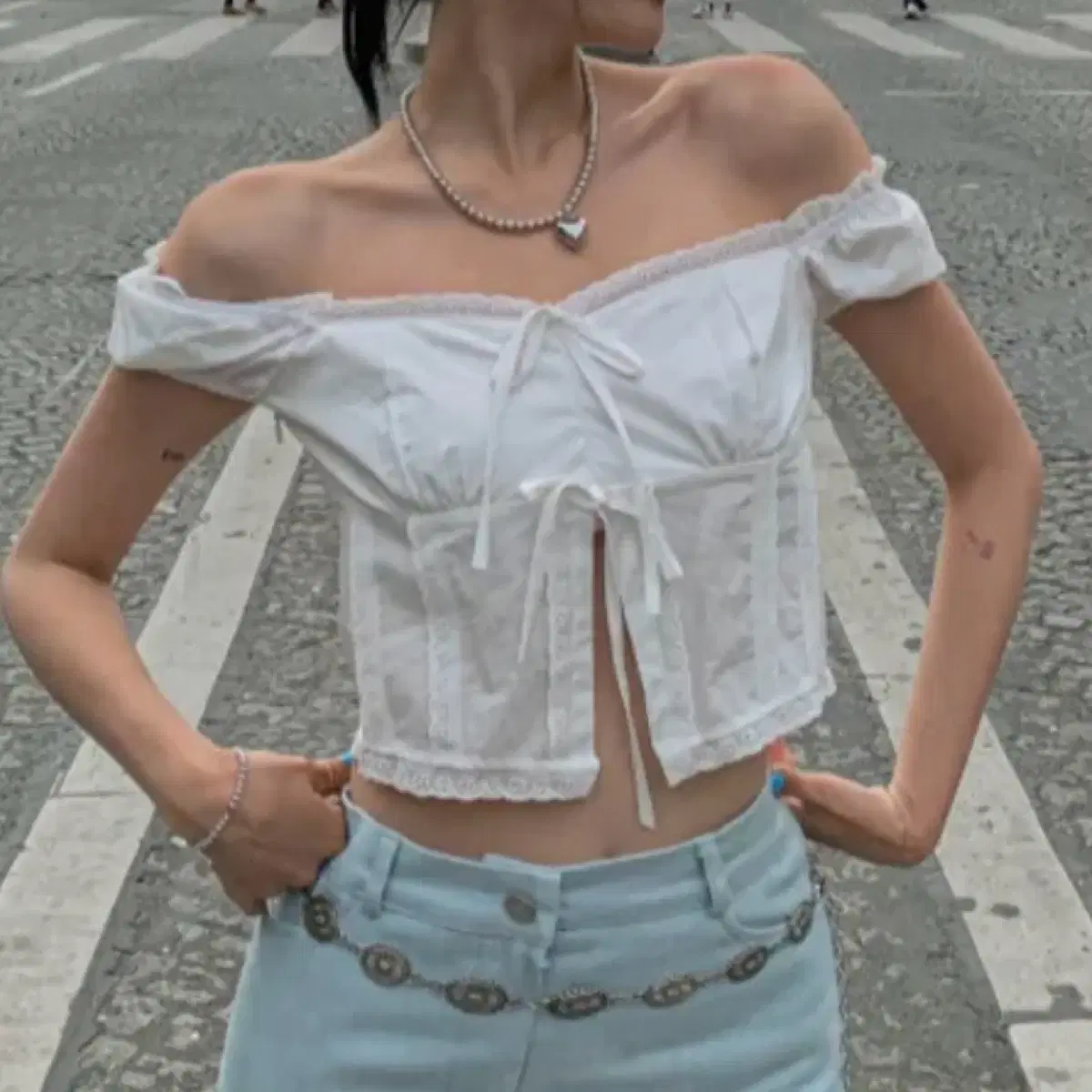 White Embroidered Ribbon Lace Puff Off-Shoulder Blouse