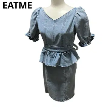 EATME 페플럼 데님 스트레치 원피스 허리 벨트 벌룬 소매