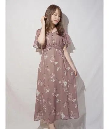 수채화 플라워 플레어 슬리브 원피스