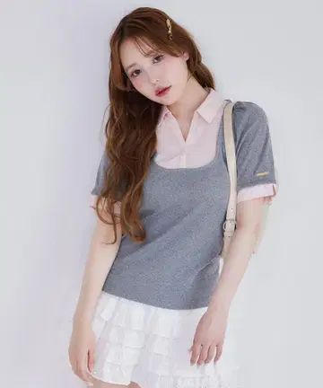NICE CLAUP 셔츠 도킹 레이어드 상의 멜란지 그레이 핑크