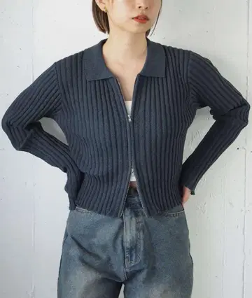 더블 지퍼 카라 부착 리브 가디건