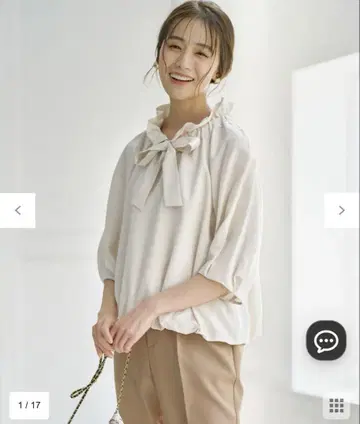 쿠미쿄쿠 개더 리본 벌룬 블라우스 그레이지 M 사이즈