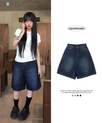워싱 와이드 버뮤다 데님 팬츠