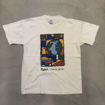 90s 지구 아트 티셔츠 싱글 스티치 스크린 스타즈 화이트 유로