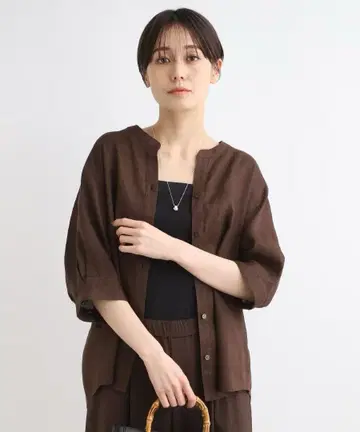 미사용 새상품! INDIVI 린넨 소매 셔츠 브라운 15