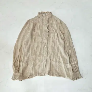 빈티지 옷깃 소매 프릴 핀턱 블라우스 긴팔 베이지 시어