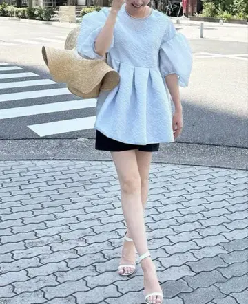 bluelea 블루레아 실키 자카드 블라우스 색스 sax