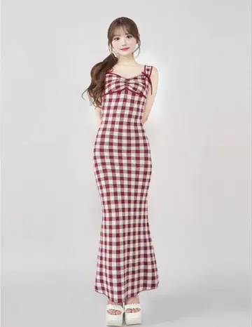 Darich 깅엄 자카드 니트 롱 원피스 RED