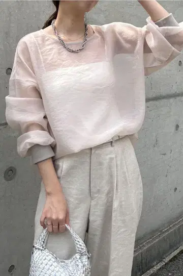 DOUDOU 셔츠 블라우스 시어 핑크 베이지