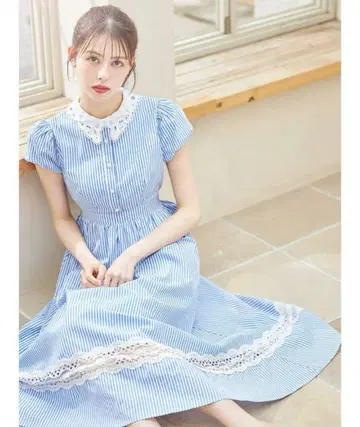 [ 새 상품 ] 펄 버튼 레이스 x 스트라이프 셔츠 원피스 색스 토코