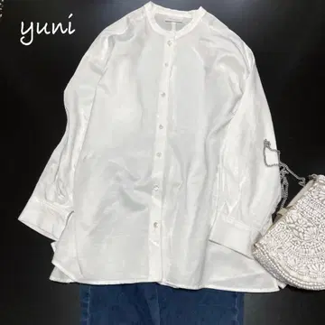 새상품급 yuni 밴드 카라 빅 셔츠 와이드 화이트 마 혼방 일본제