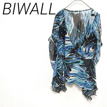 BIWALL 시스루 V넥 탑 파랑 블랙 M 엘레강트 드레시