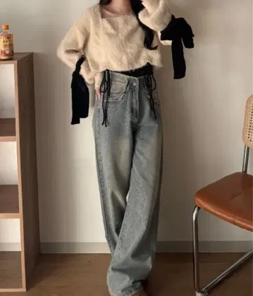 데미지 가공 그레이 와이드 레그 데님 팬츠
