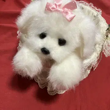 화이트 개 봉제 인형 핑크 리본 포함 말티즈