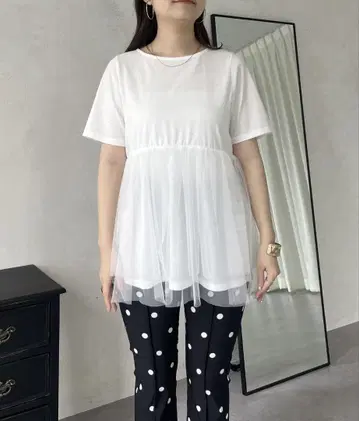 소매 튤 레이어드 페플럼 티셔츠