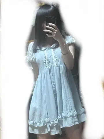 스카이블루 프릴 반팔 미니 원피스
