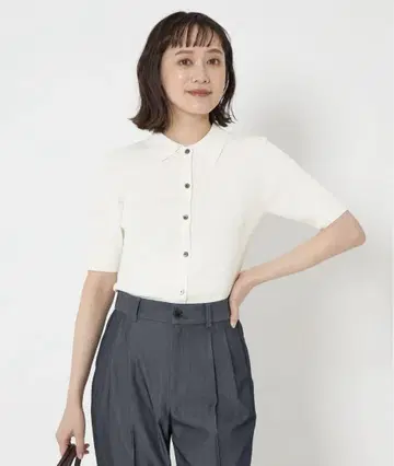 그린 라벨 릴랙싱 카라 부착 리브 숏 슬리브 니트