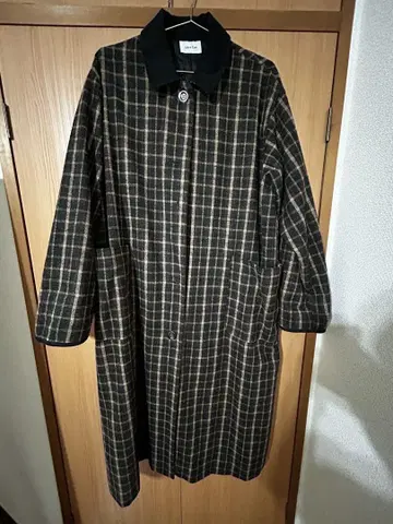 체크 무늬 롱 코트 (울)