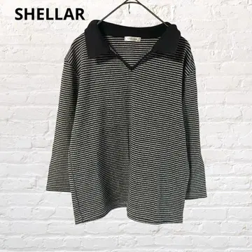 SHELLAR 잔 보더 티셔츠 V넥 니트 블랙 얇은 소재 L 구제 의류
