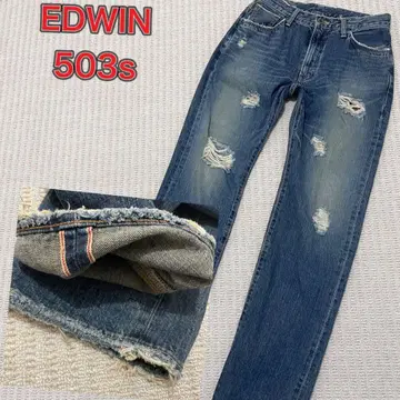사이즈 M EDWIN 503s 빨간색 셀비지 데미지 가공 스트레이트 데님