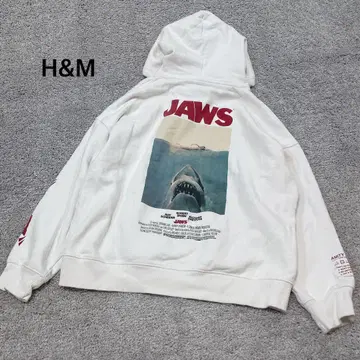 [ H&M ] JAWS 프린트 풀오버 후드티 화이트 속기모