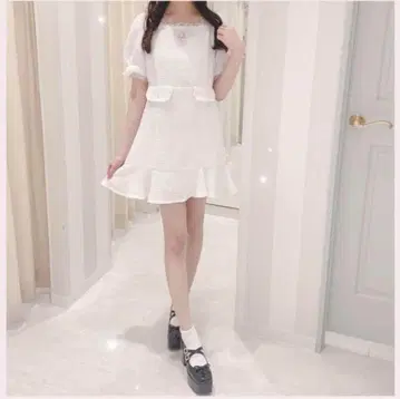 evelyn 화이트 미니 원피스 반팔 비쥬 트위드