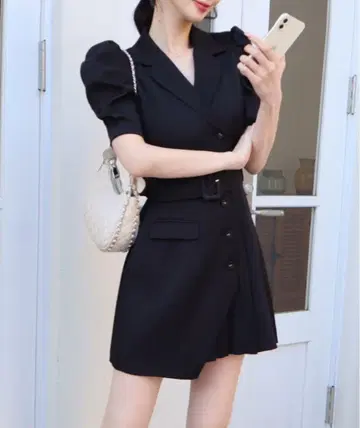 퍼프 슬리브 자켓 플리츠 미니 원피스