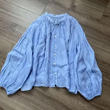 프레임워크 린넨 100% 개더 블라우스 시어 완판템 색스 블루