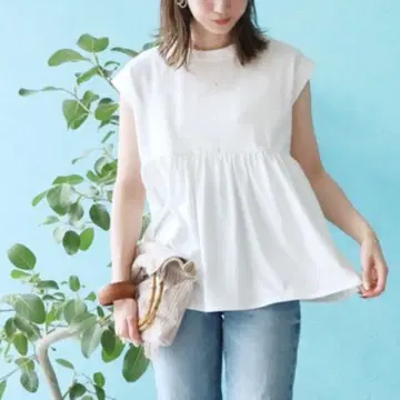 제나 프렌치 슬리브 이소재 티셔츠 튜닉 슬리브리스