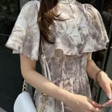 rienda 플레어 슬리브 페인트 플라워 원피스 베이지
