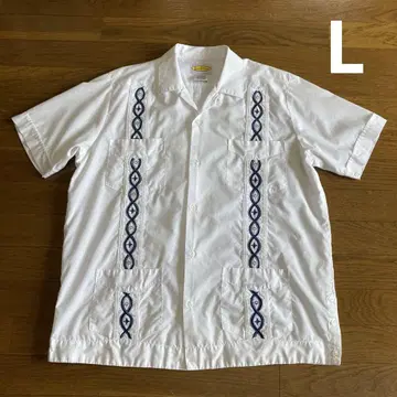 90s 쿠바 셔츠 L 화이트 네이비 자수 오픈 카라 코튼 폴리 오픈 카라