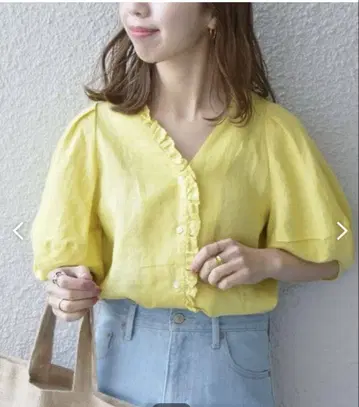 SHIPS any 워셔블 린넨 치비 프릴 퍼프 셔츠 블라우스 옐로우 컬러