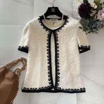 ESCADA 플라워 모티브 반팔 가디건 화이트 꽃무늬 겉옷 34 size