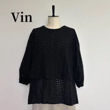 YAMADAYA [Vin] 블랙 커팅 레이스 7부 소매 블라우스