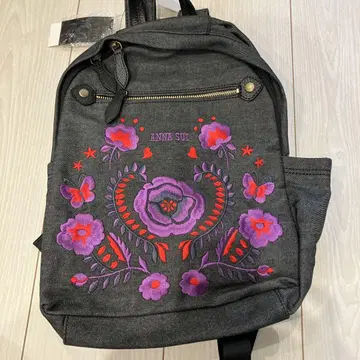 ANNA SUI 꽃무늬 자수 백팩 데님 블랙