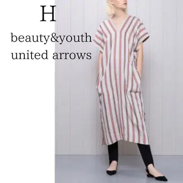 <H/에이치> 뷰티 앤 유스 스트라이프 V넥 원피스